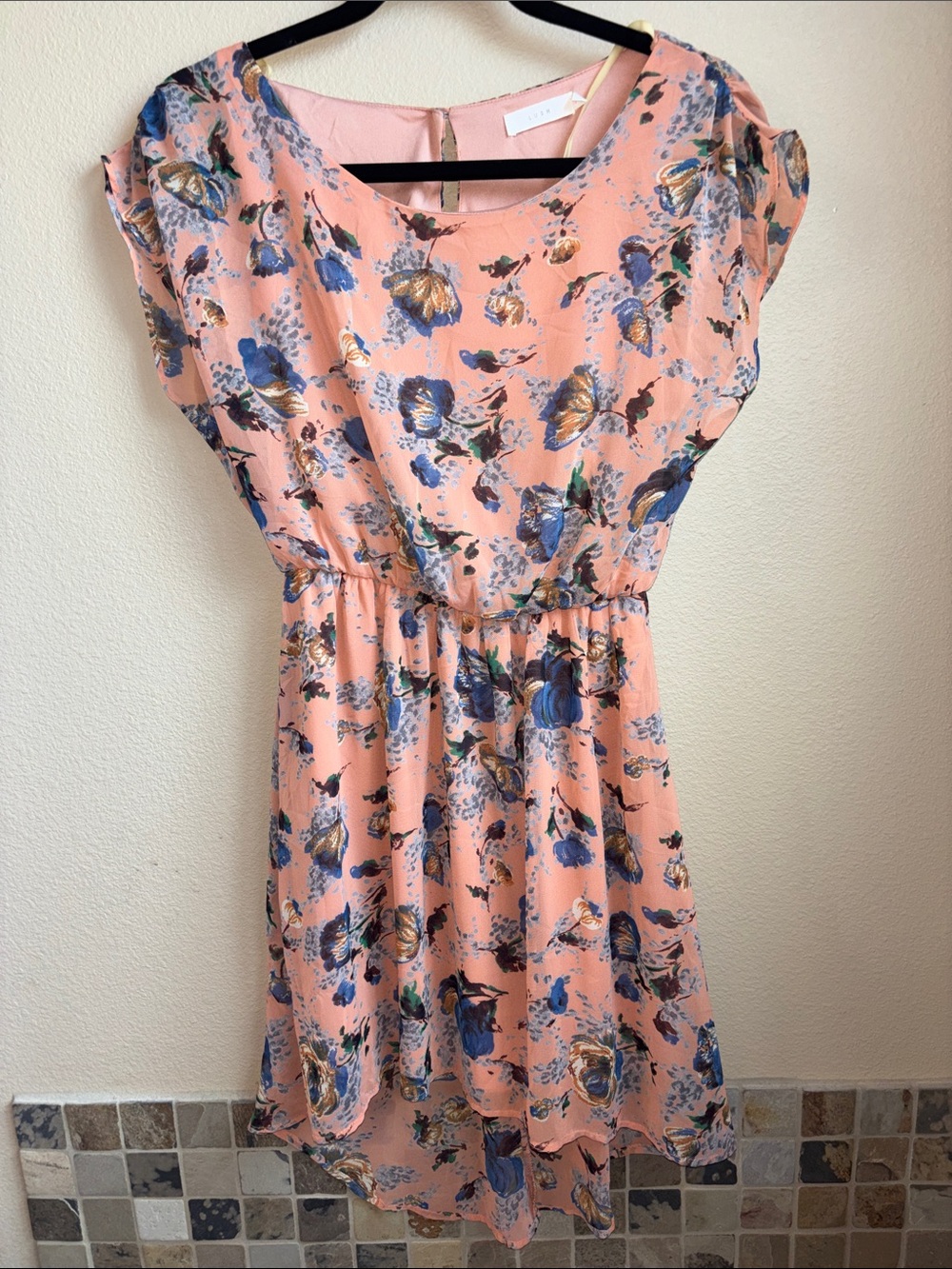 LUSH Floral High Low Dress Size Small Peach Blue Boho Flowy
